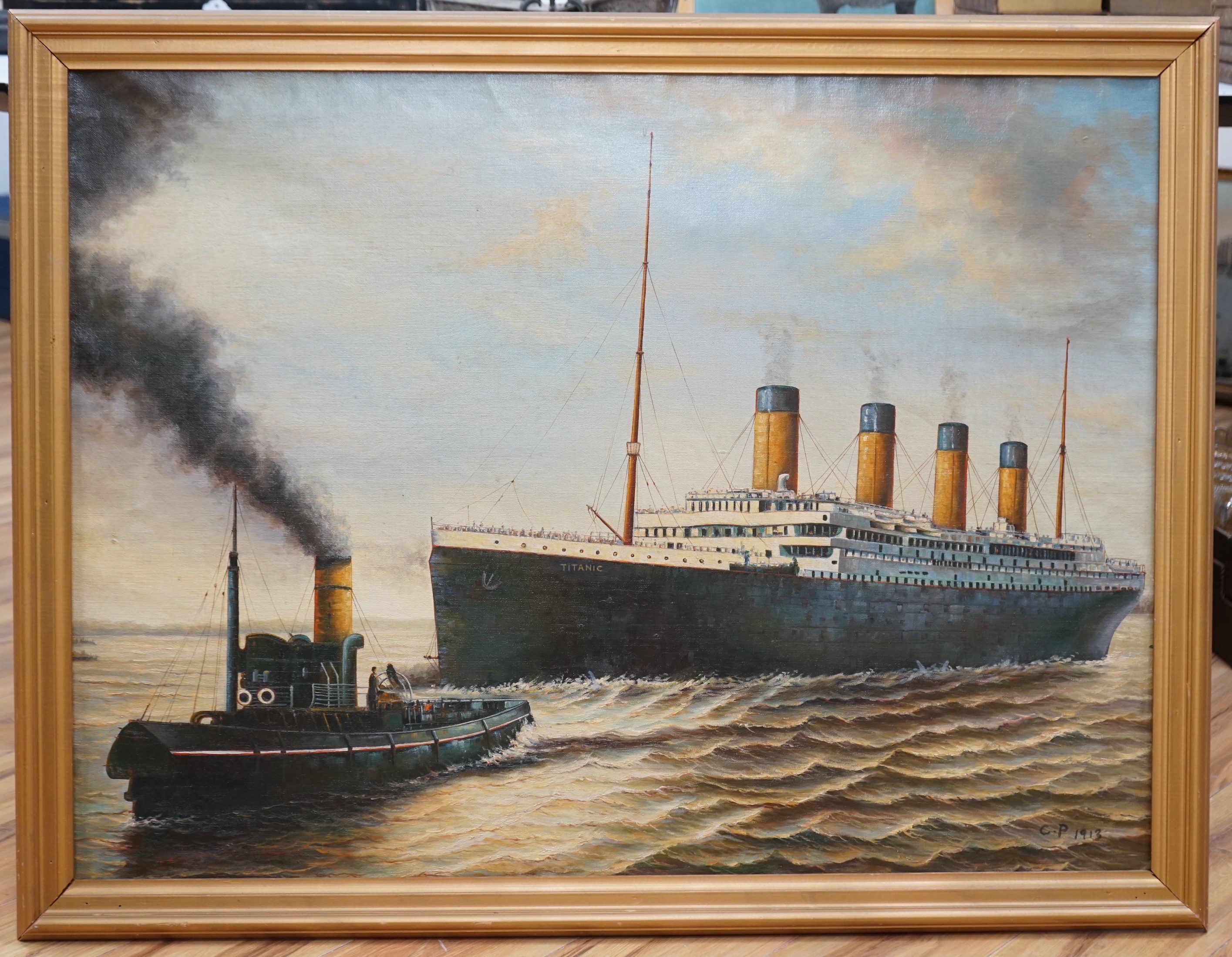English School, oil on canvas, 'The Titanic leaving harbour', bears initials CP and date 1913, 74 x 100cm